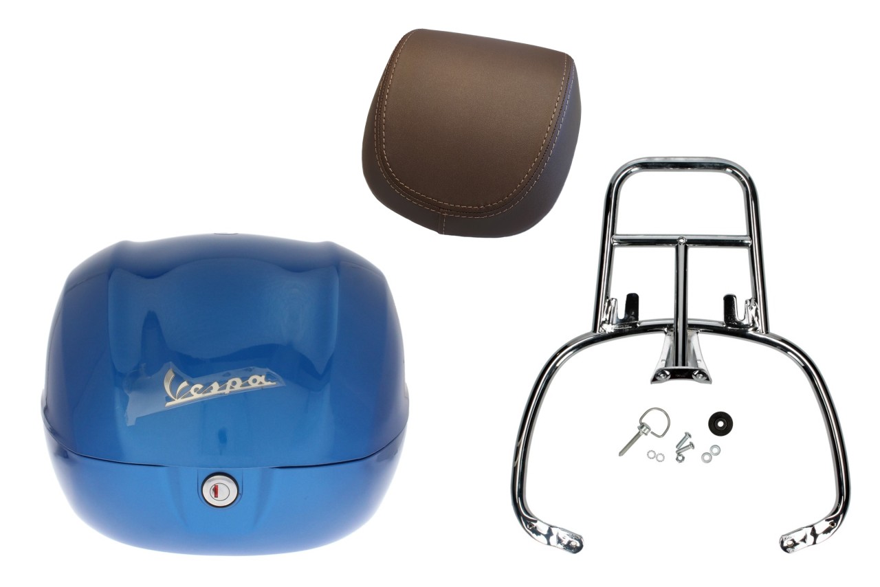 Topkofferset 32L blauw (261/A), rugkussen bruin voor Vespa Sprint / Primavera