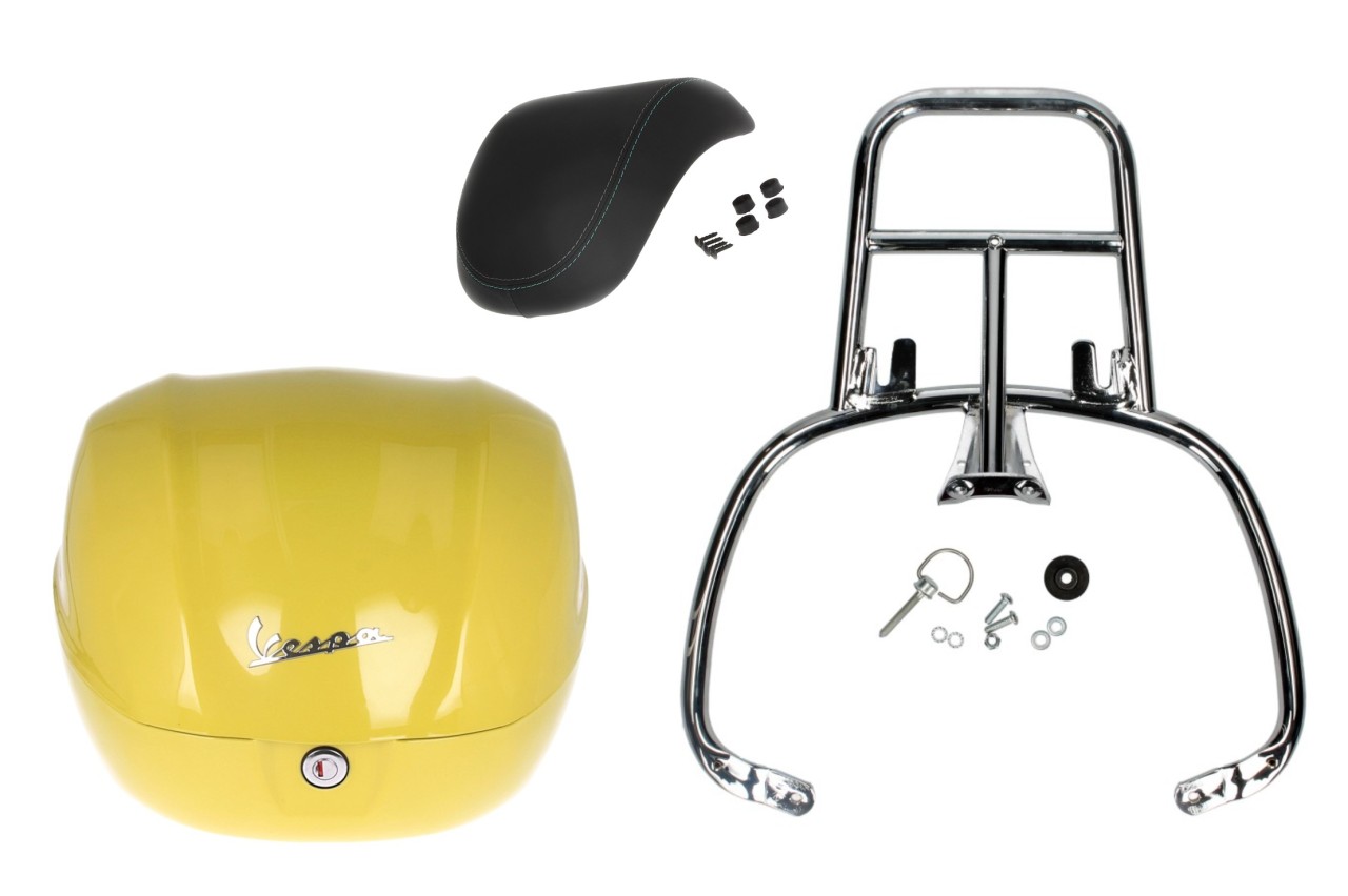 Topcase Kit 32L geel (L08), rugkussen zwart voor Vespa Primavera