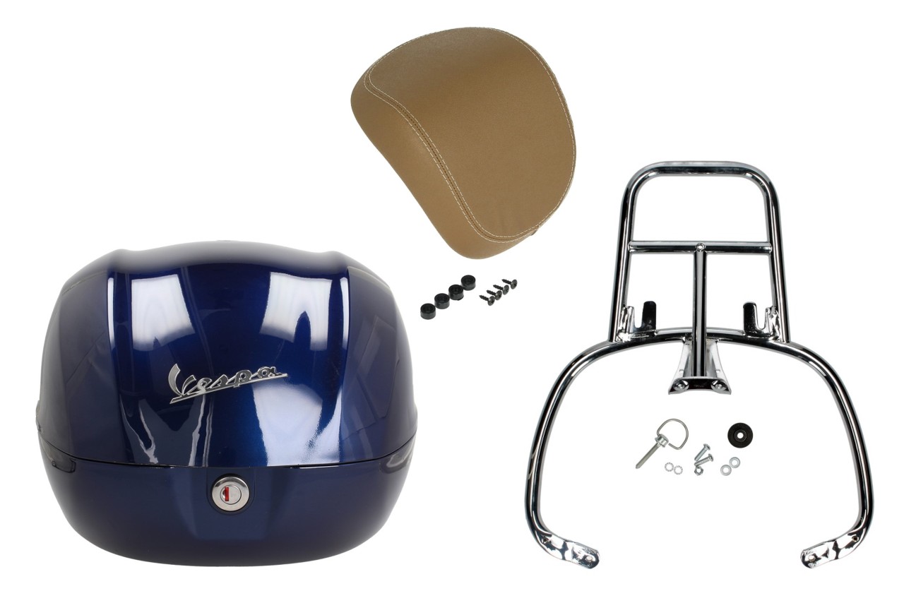 Topcase Kit 32L donkerblauw (289/A), rugkussen beige voor Vespa Primavera